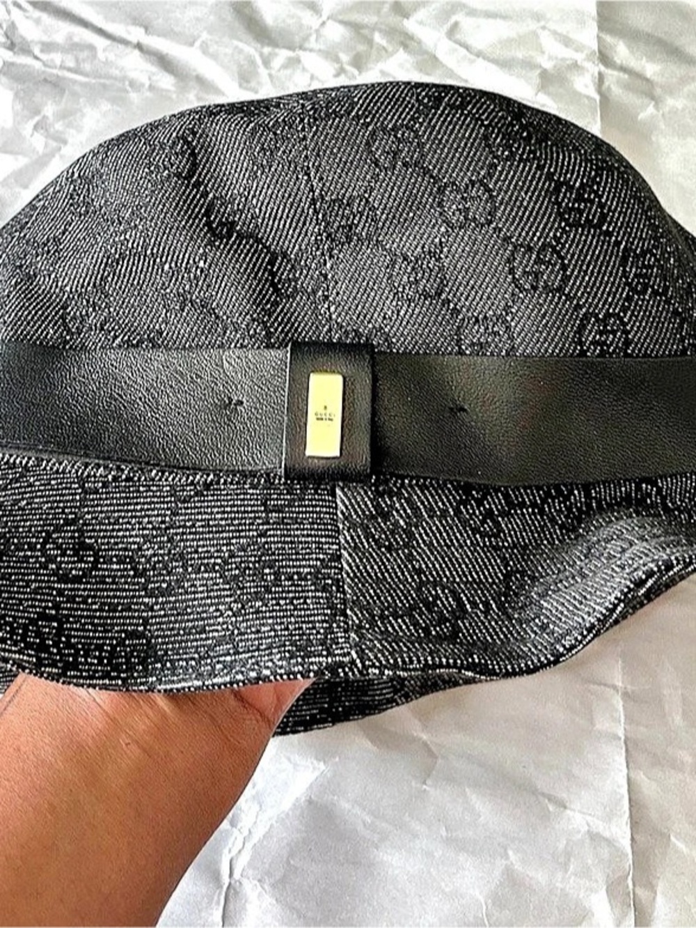 Vintage Gucci GG Denim Bucket Hat Leather Band Y2K Tom Ford Era XL